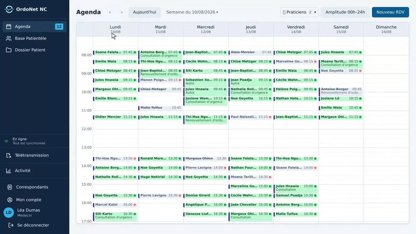 L’agenda de la semaine, multi-praticiens, avec les rendez-vous de chaque médecin en couleur.